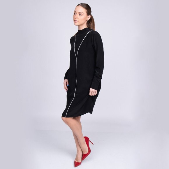 8 Black S 100% Silk Shift Dress Low Open-Back Tie Bow Made in Italy Knee Office - Picture 11 of 14